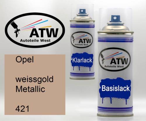 Opel, weissgold Metallic, 421: 400ml Sprühdose + 400ml Klarlack - Set, von ATW Autoteile West.